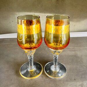 Vintage Czech Bohemian Small Goblet Drinking Glasses Set 2 Amber Clear Bottom